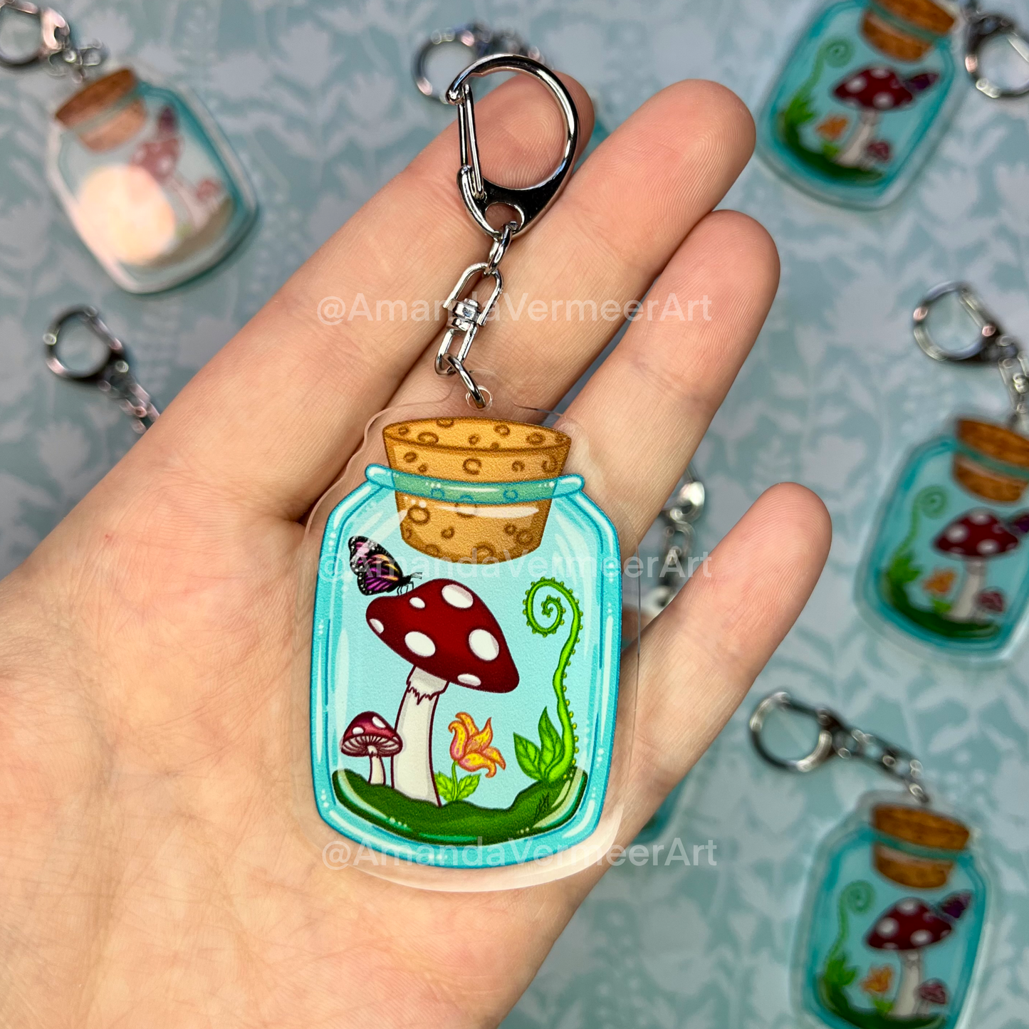 Mushies in a Jar Keychain, 2.5”x1.5”