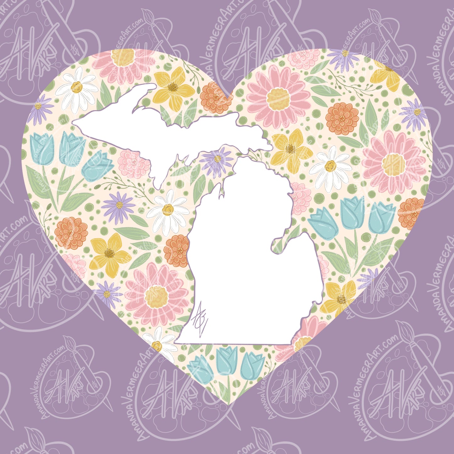 Michigan Flower Field Heart Art Print, 8”x8”