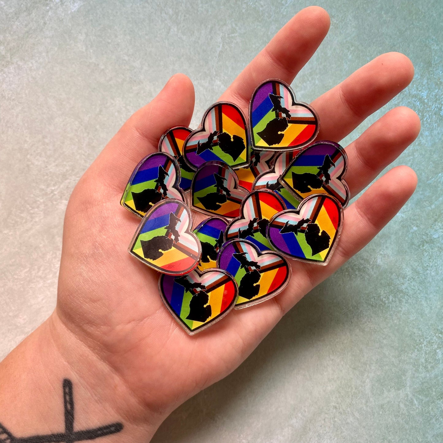 Michigan LGBTQIA+ Pride Heart Acrylic Pin, 1.5”x1.5”