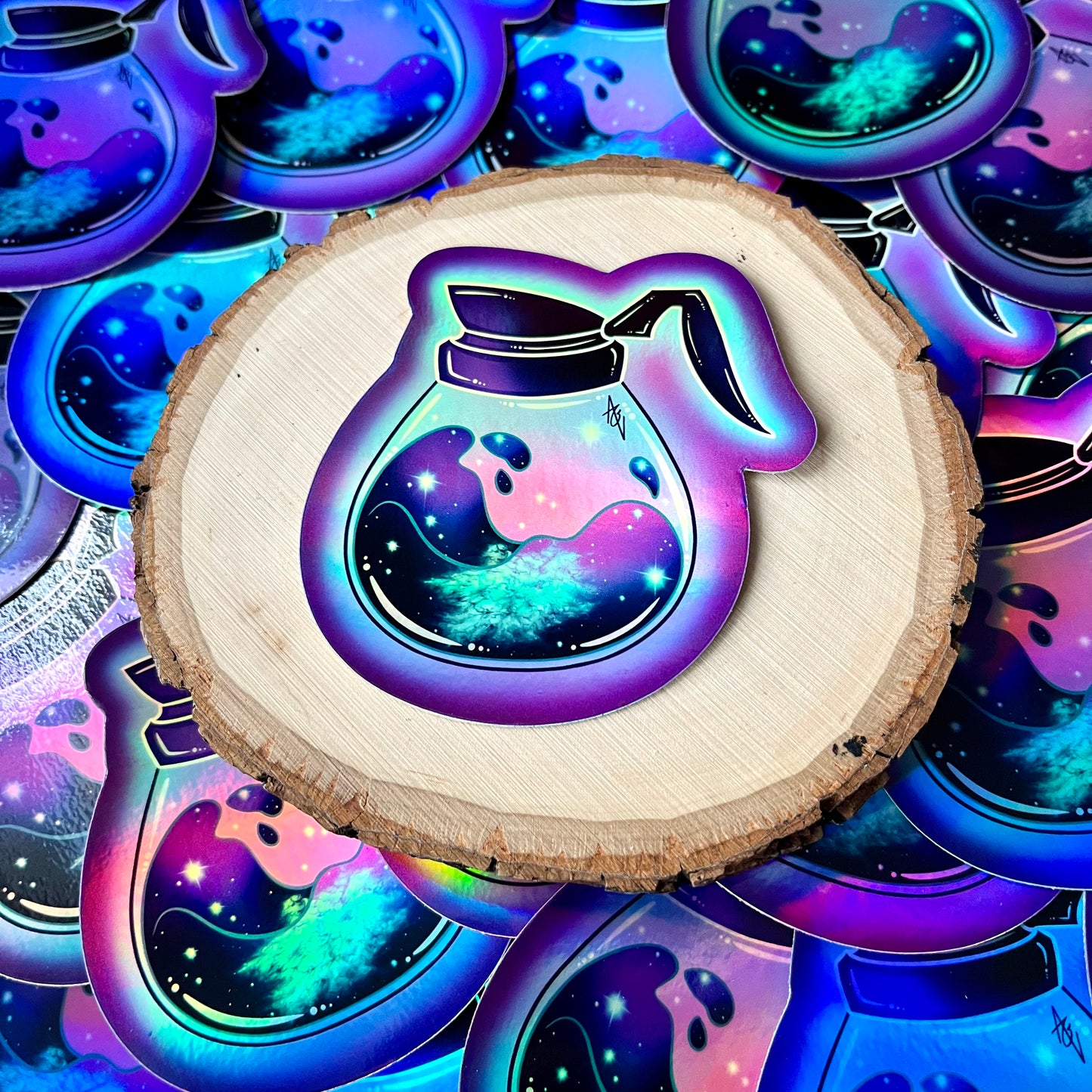 Holographic Cosmic Coffee Pot Sticker, 3”x 3”