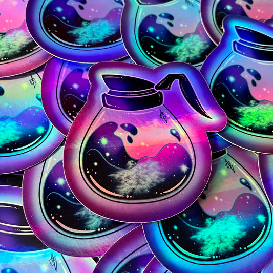 DEFECTIVE Holographic Cosmic Coffee Pot Sticker, 3”x 3”