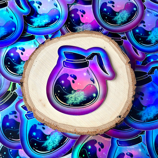 Holographic Cosmic Coffee Pot Sticker, 3”x 3”