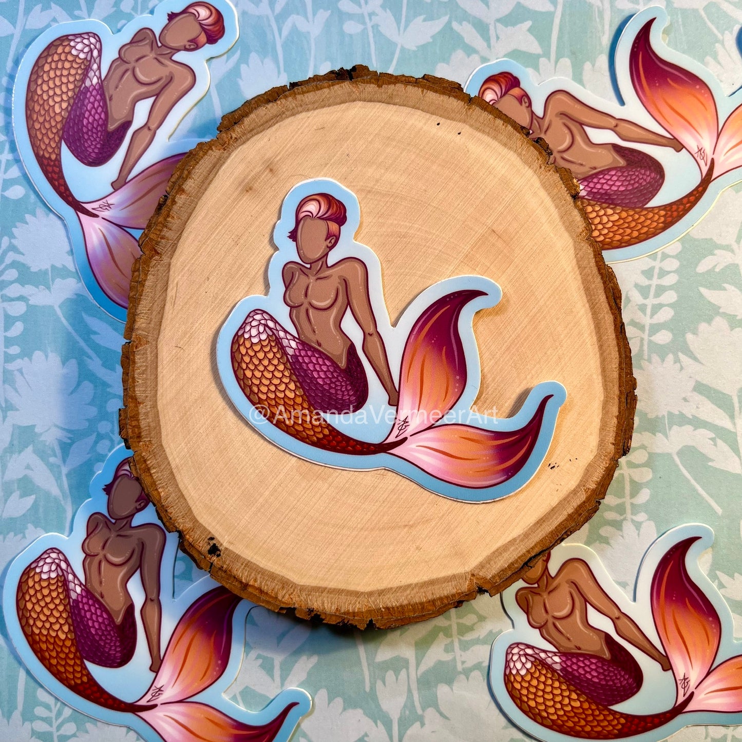 Sunset Lesbian Short Hair Pride Flag Femme Merfolk Sticker, 3”x3”