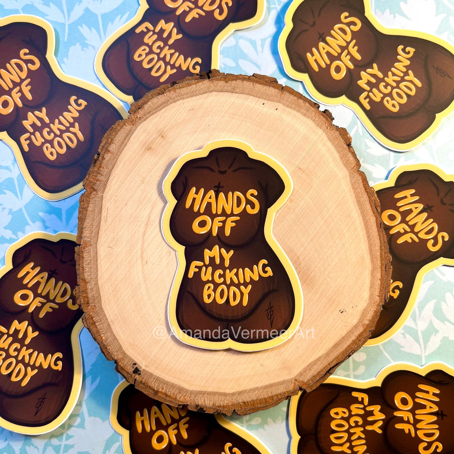 Hands Off My Fucking Body Curvy Femme Sticker (Yellow), 3”x2”