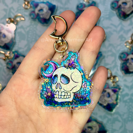 Skull & Crystals Holographic Star Keychain, 2”x2”
