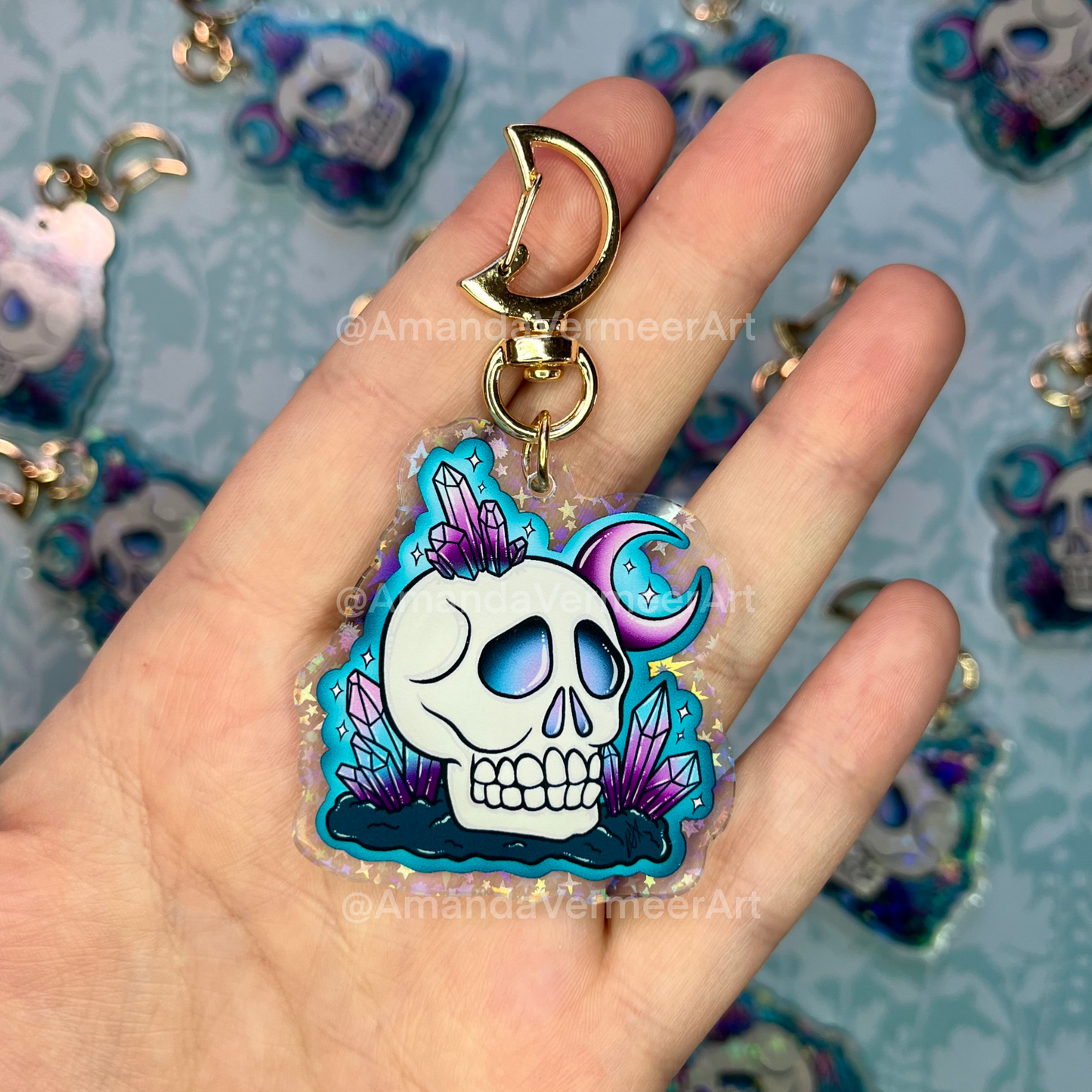 Skull & Crystals Holographic Star Keychain, 2”x2”