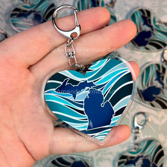 Michigan Waves Heart Keychain, 2.5”