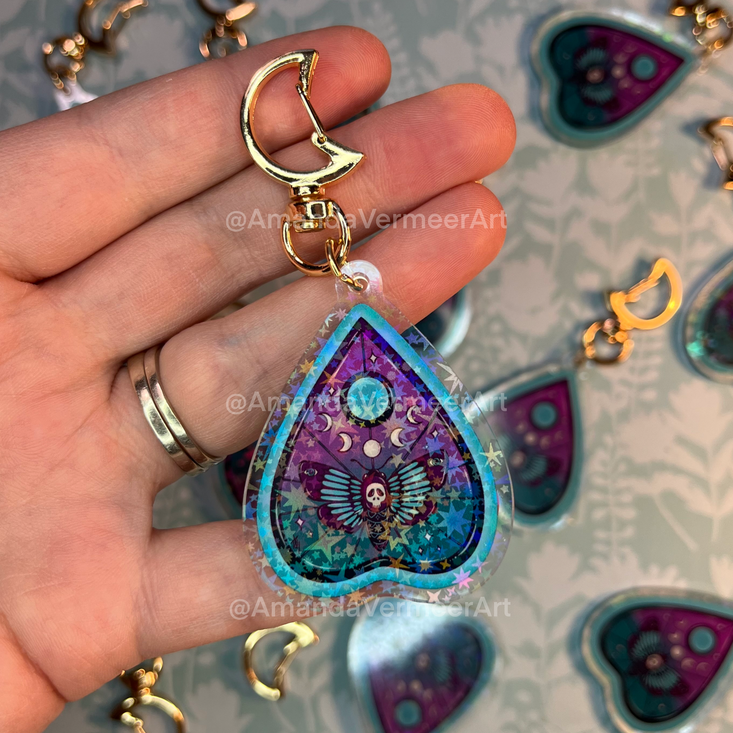 Death Moth Planchette Holographic Star Keychain, 2”x2”