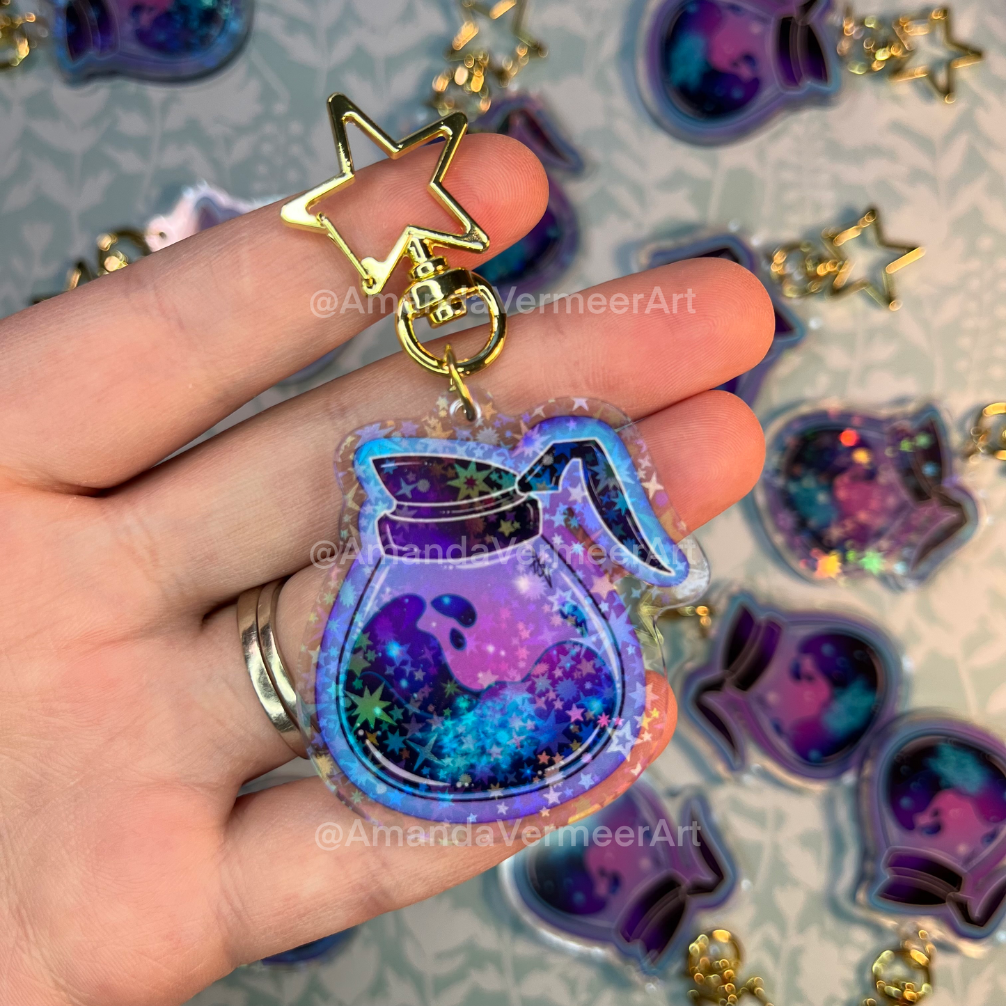 Cosmic Coffee Pot Holographic Star Keychain, 2”x2”