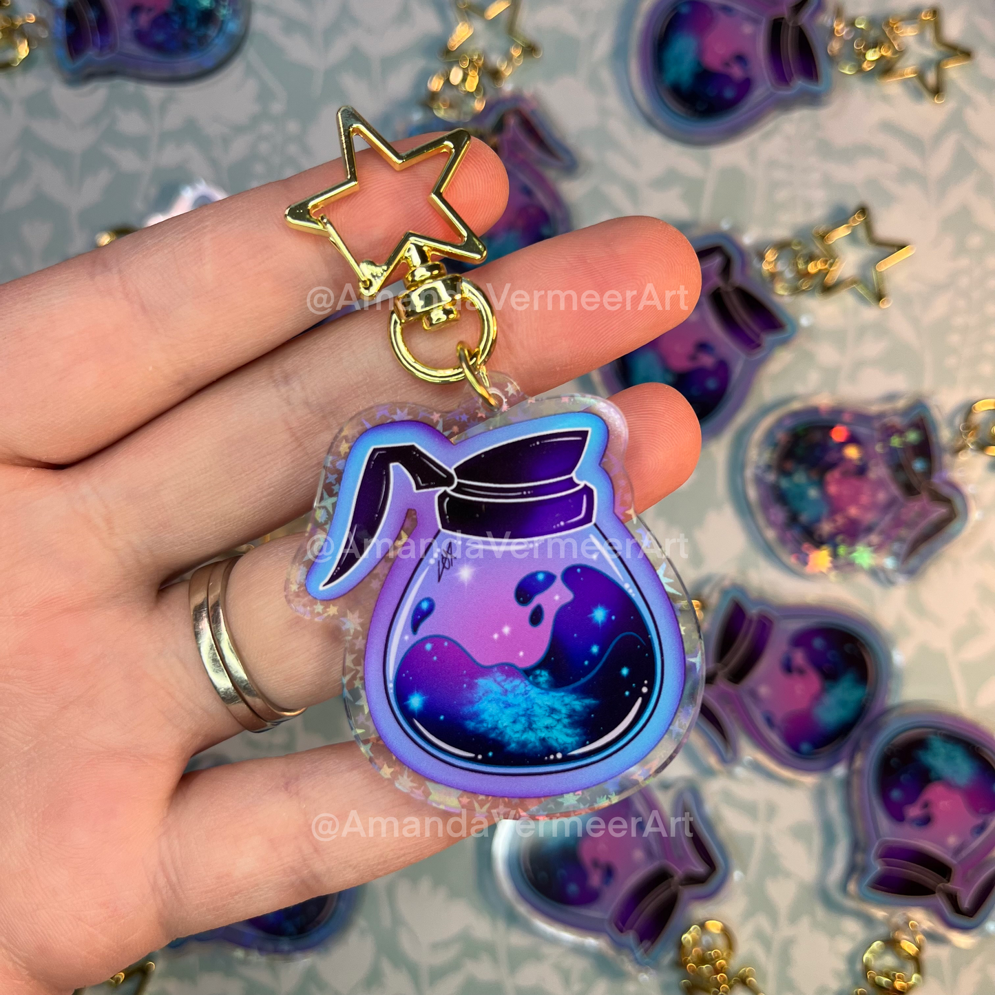 Cosmic Coffee Pot Holographic Star Keychain, 2”x2”