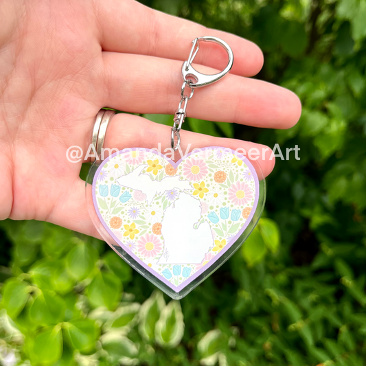 Michigan Flower Field Heart Keychain, 2.5”