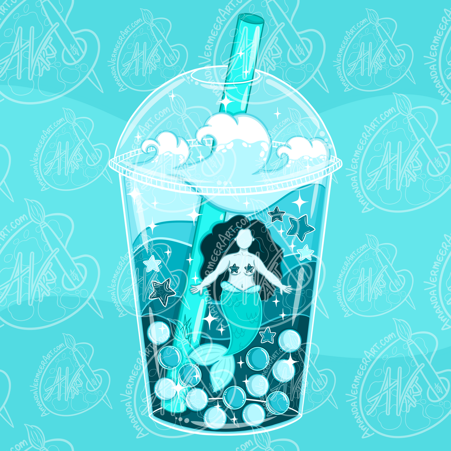 Ocean Bubble Tea Art Print, 8”x8”