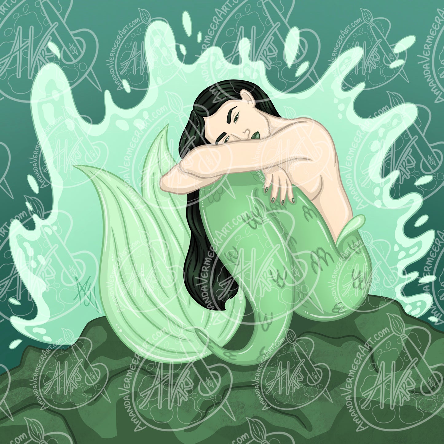 Jade Mermaid Art Print, 8”x8”