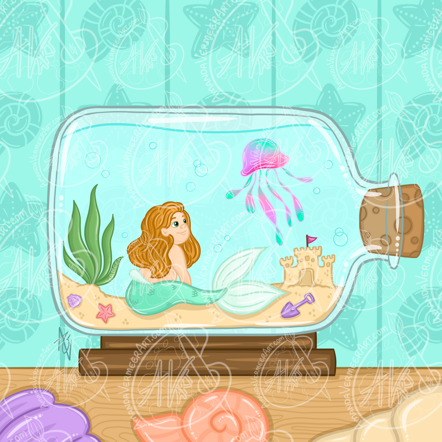 Mermaid in a Bottle Art Print, 8”x8”