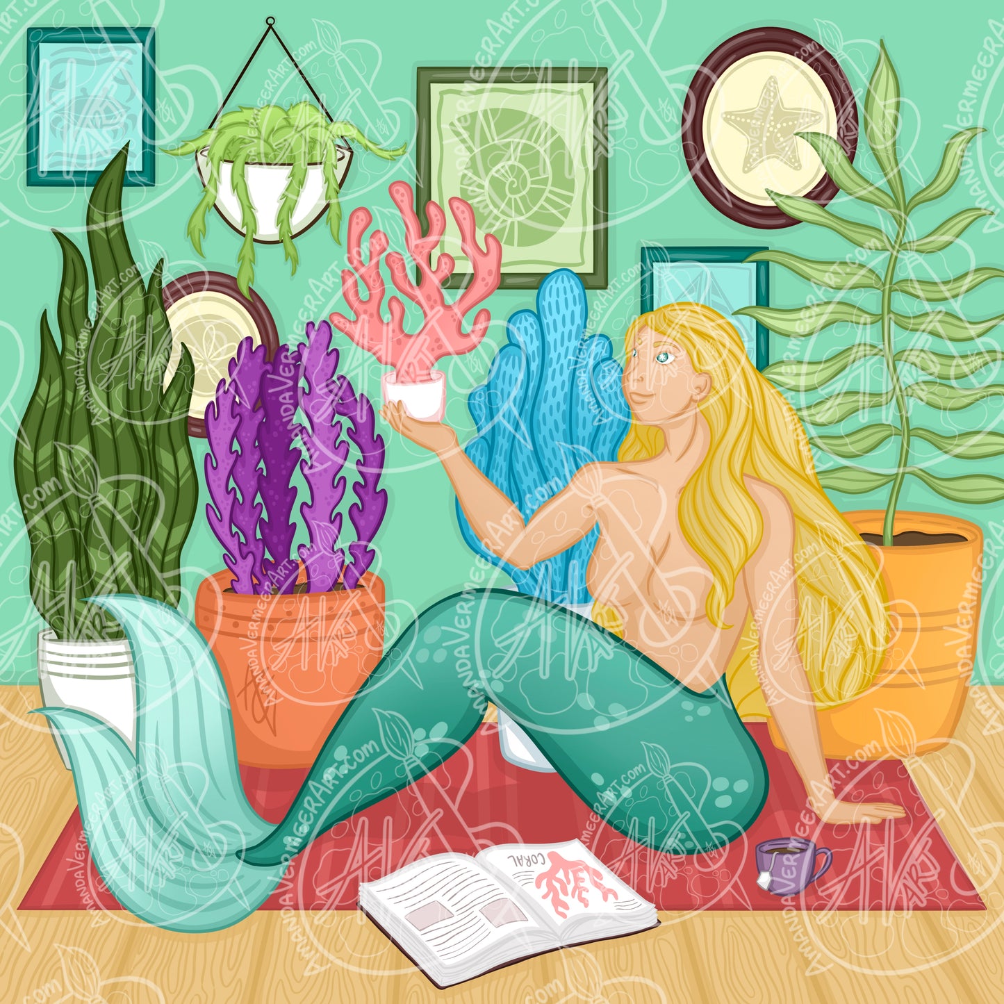 Plant Lady Mermaid Art Print, 8”x8”