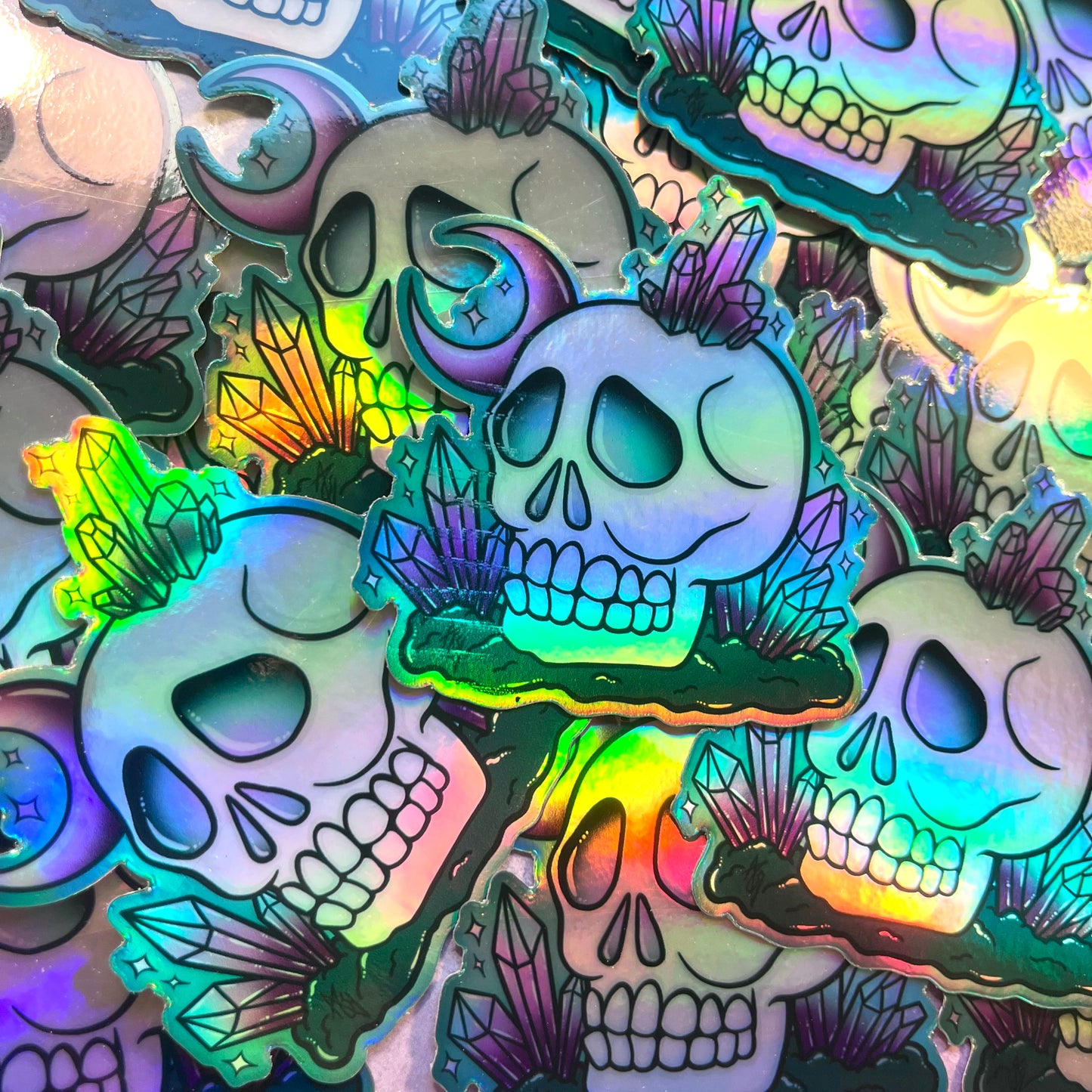 DEFECTIVE Holographic Skull & Crystals Sticker, 3”x 2.75"