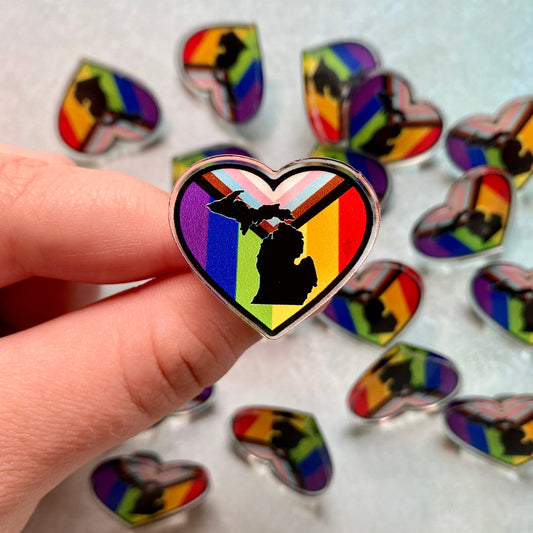 Michigan LGBTQIA+ Pride Heart Acrylic Pin, 1.5”x1.5”