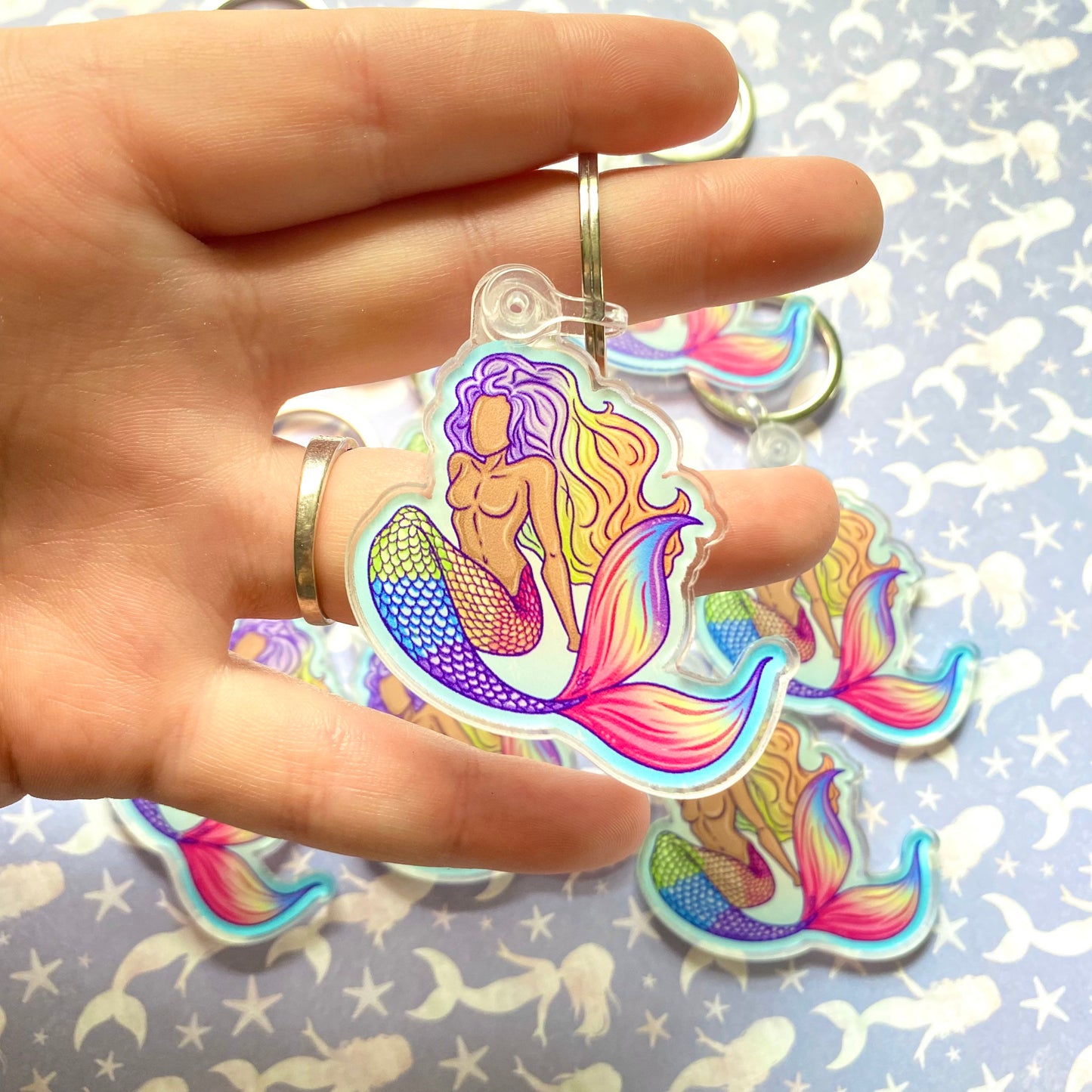 LGBTQIA+ Rainbow Pride Flag Femme Merfolk Keychain, 2”x2”