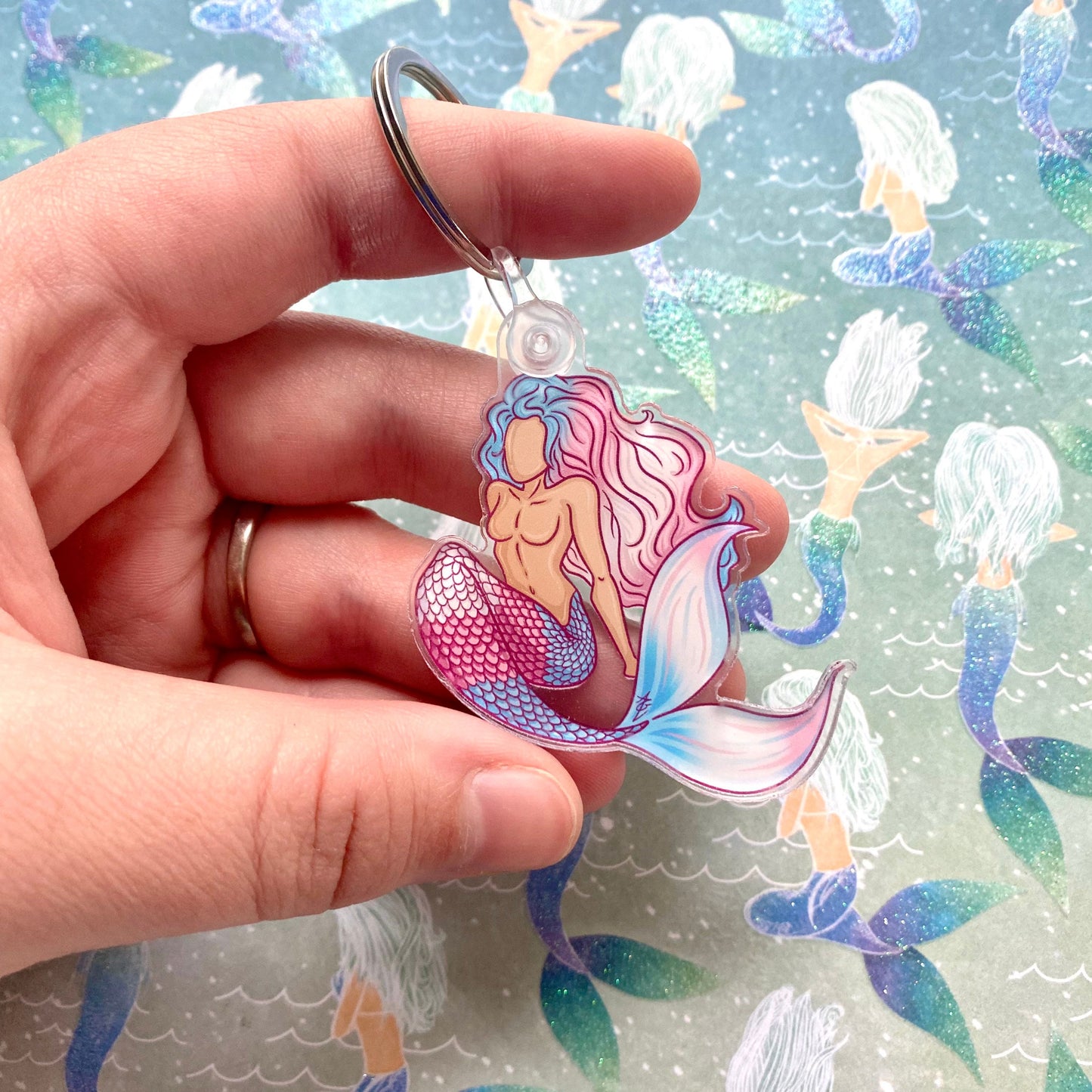 Transgender Pride Flag Femme Merfolk Keychain, 2”x2”